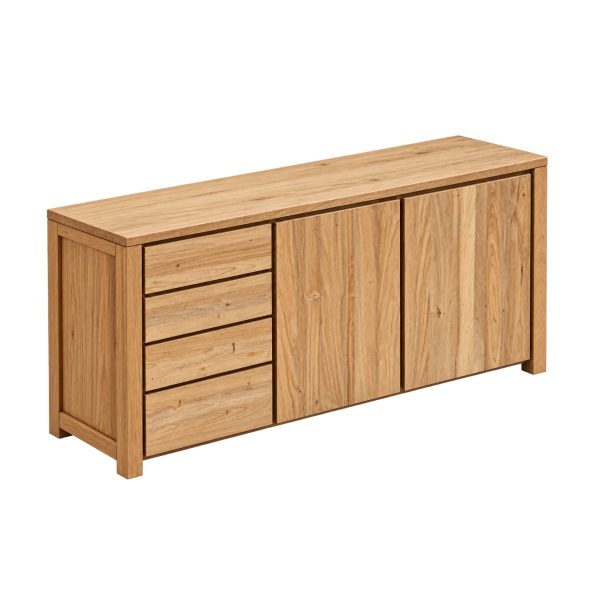 Angled view of natural teak storage cabinet with four doors and wooden frame