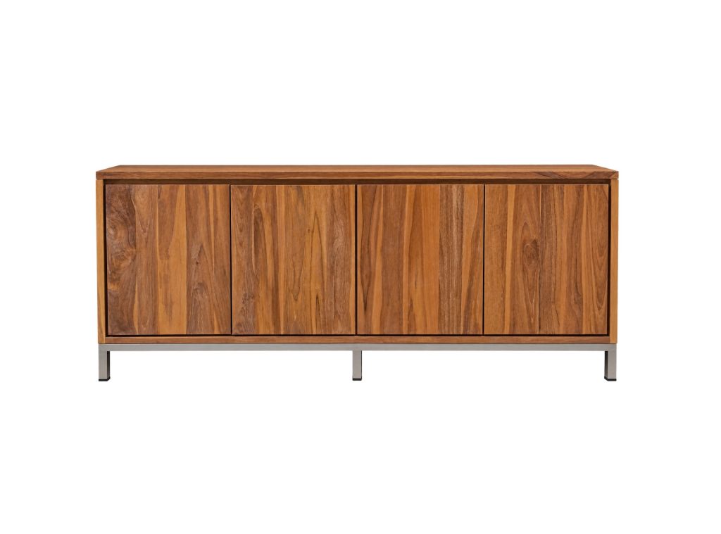 teak 4-door sideboard cabinet with natural wood grain and modern metal base