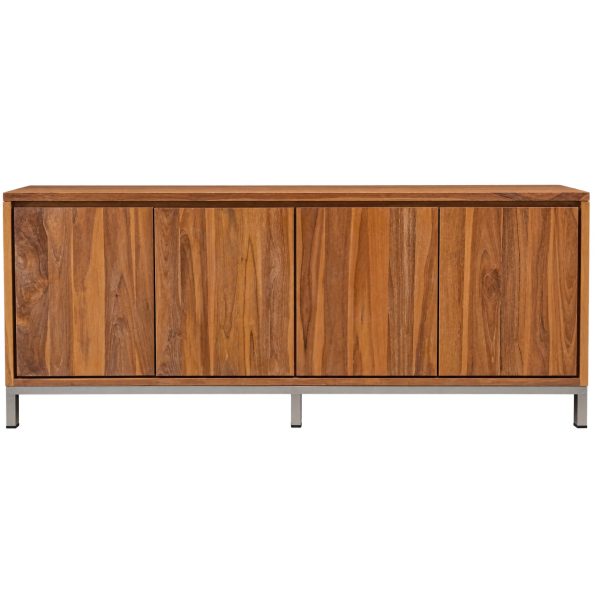 teak 4-door sideboard cabinet with natural wood grain and modern metal base