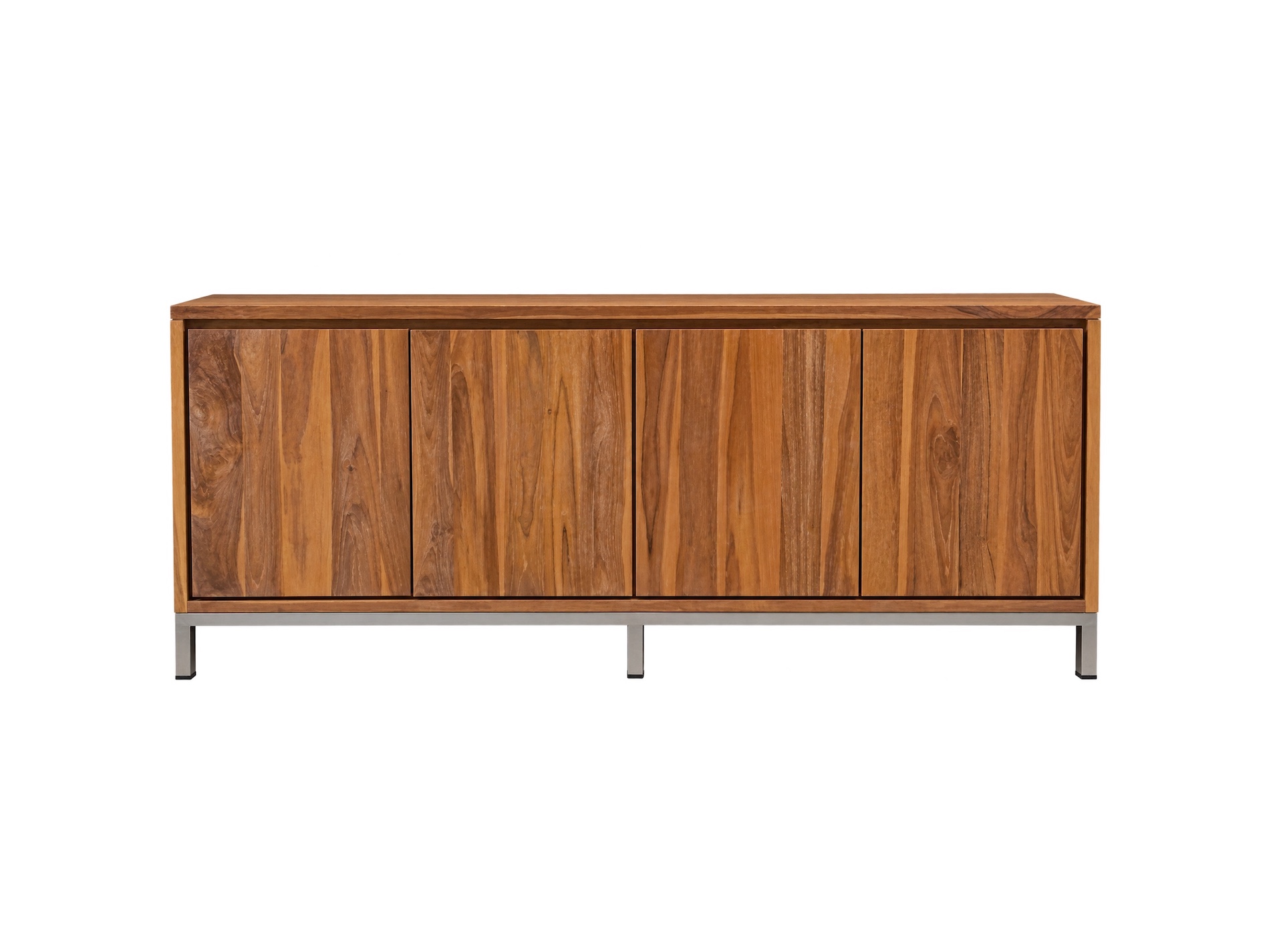 benton-teak-4-door-sideboard-front teak 4-door sideboard cabinet with natural wood grain and modern metal base