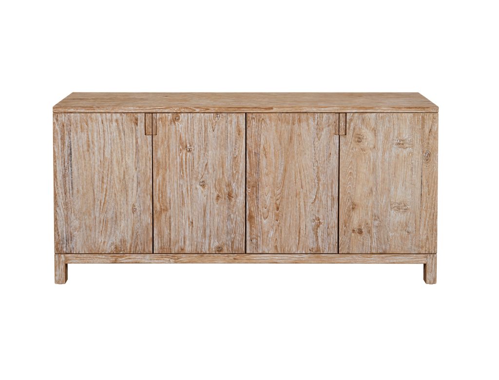 Recycled teak storage cabinet styled with lamps and decorative accessories