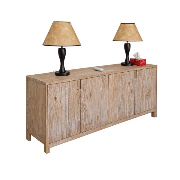 Angled view of recycled teak cabinet with four doors and sturdy legs