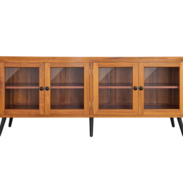 Side view of teak glass-door cabinet with natural wood grain and sleek metal legs