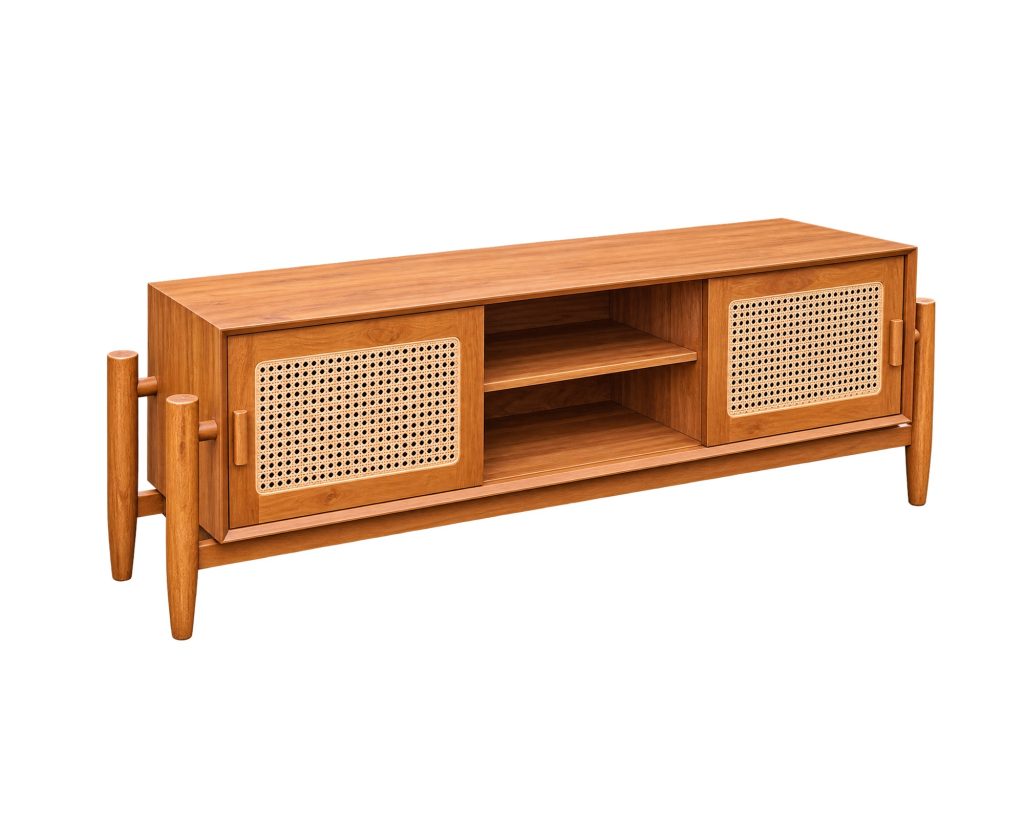 CALISTA cane TV cabinet with sliding doors and open centre shelving