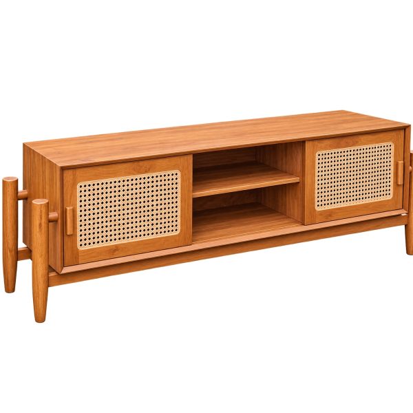 CALISTA cane TV cabinet with sliding doors and open centre shelving
