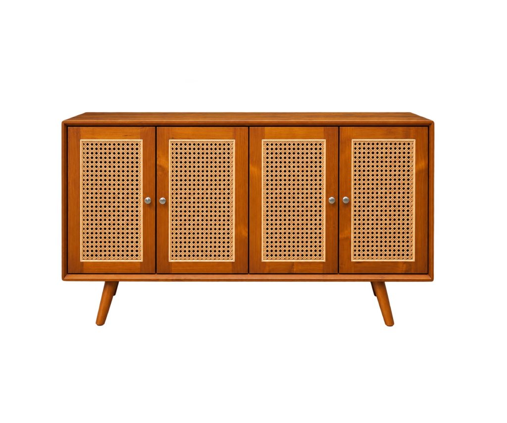 teak cane cabinet with four woven cane doors and tapered legs