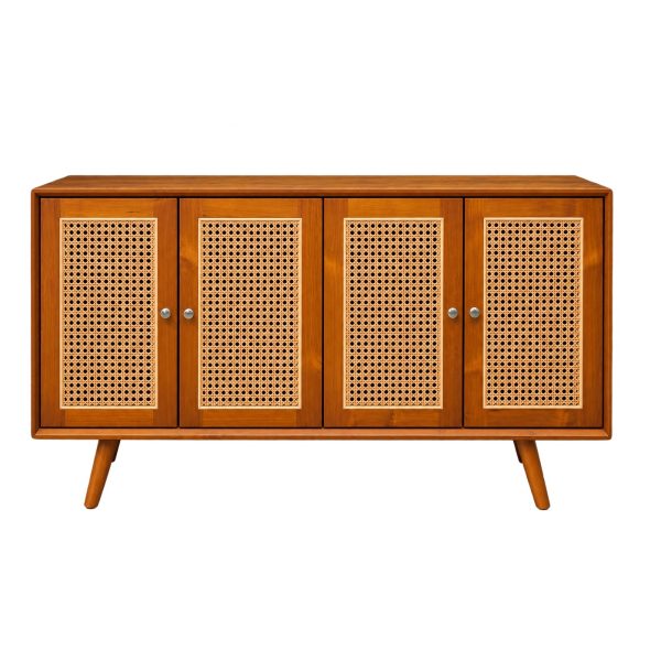 teak cane cabinet with four woven cane doors and tapered legs