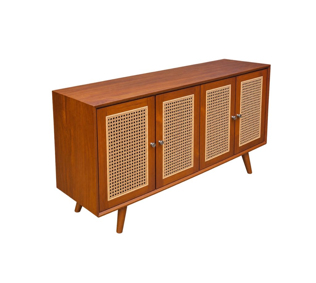 teak cabinet with cane door panels and teak frame