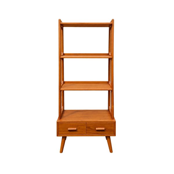 Side view of a teakwood bookshelf with open shelving and drawers