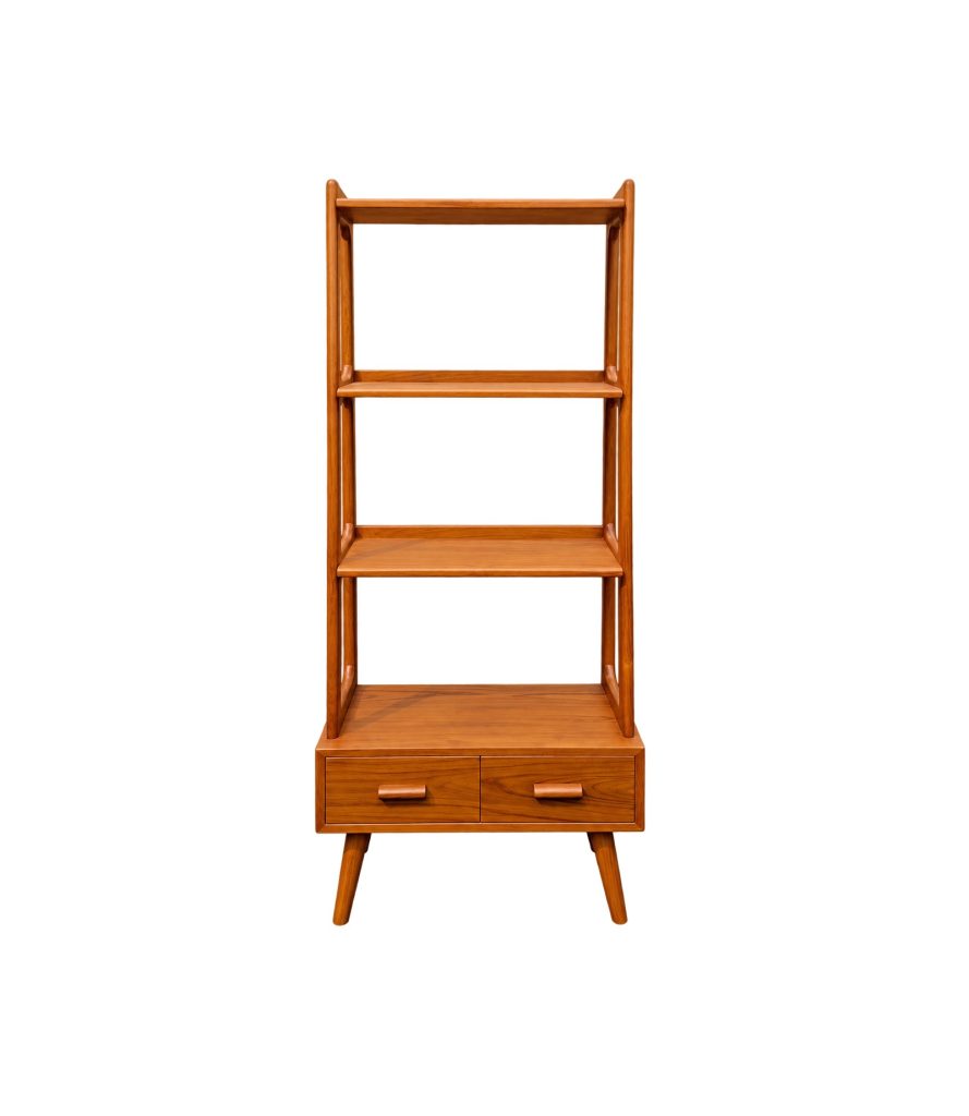 Side view of a teakwood bookshelf with open shelving and drawers