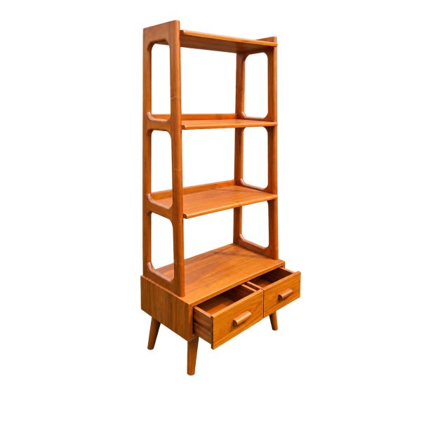 Solid teak bookshelf with open shelves and two storage drawers