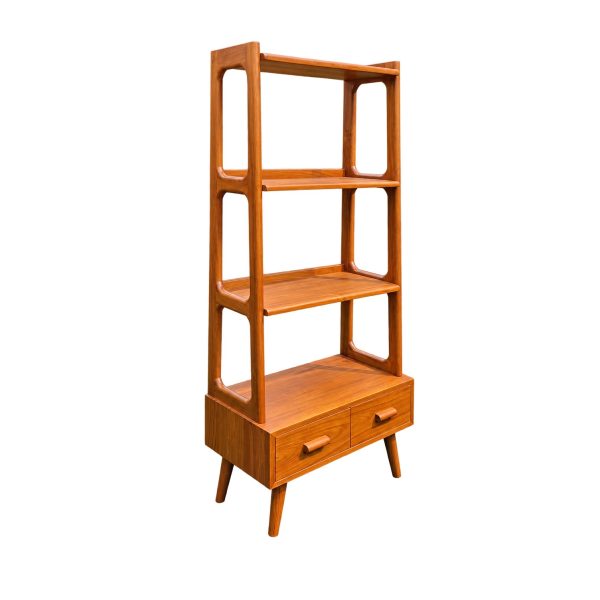 Solid teak bookshelf with drawers in a warm natural wood finish
