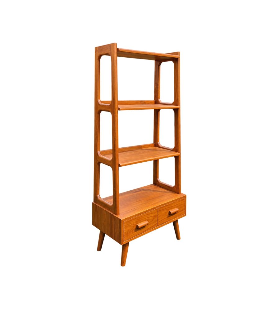 Solid teak bookshelf with drawers in a warm natural wood finish