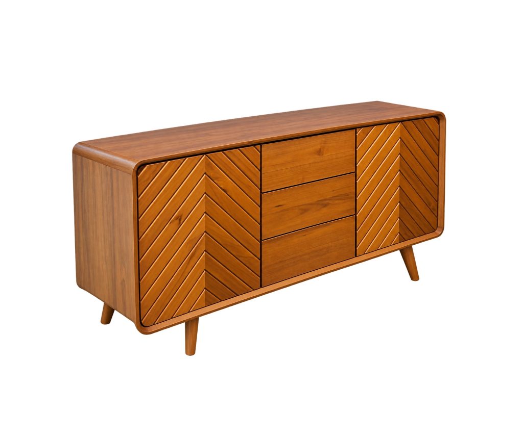 Modern teak cabinet showing chevron door detailing, rounded edges, and tapered legs