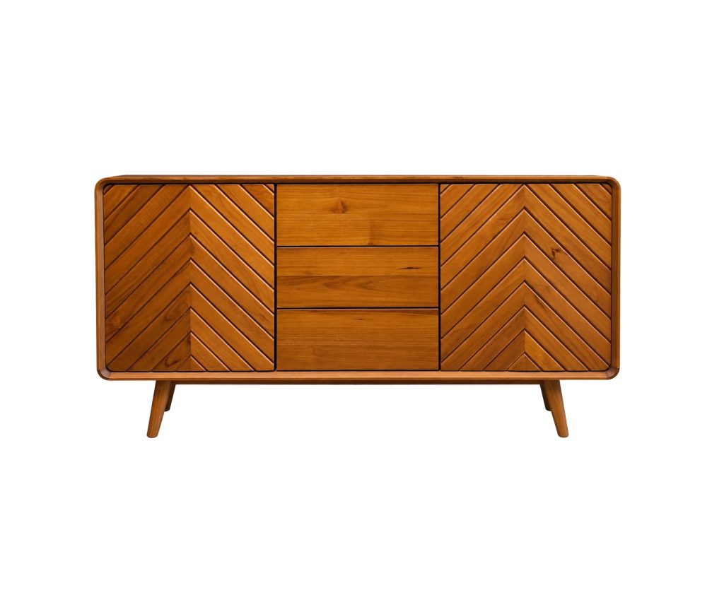 teak sideboard with symmetrical chevron doors and three central drawers