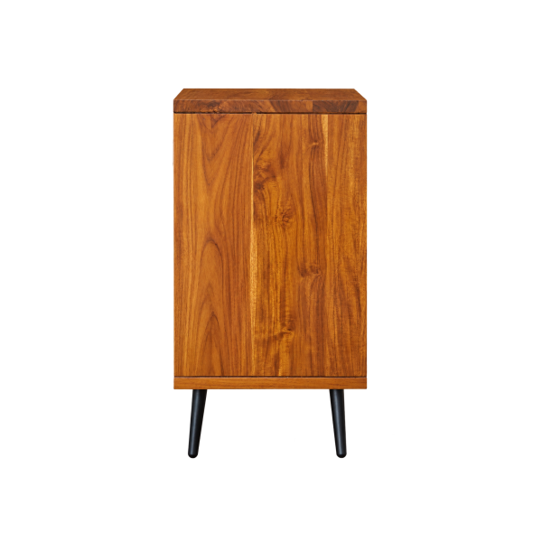 Side view of teak glass-door cabinet with natural wood grain and sleek metal legs