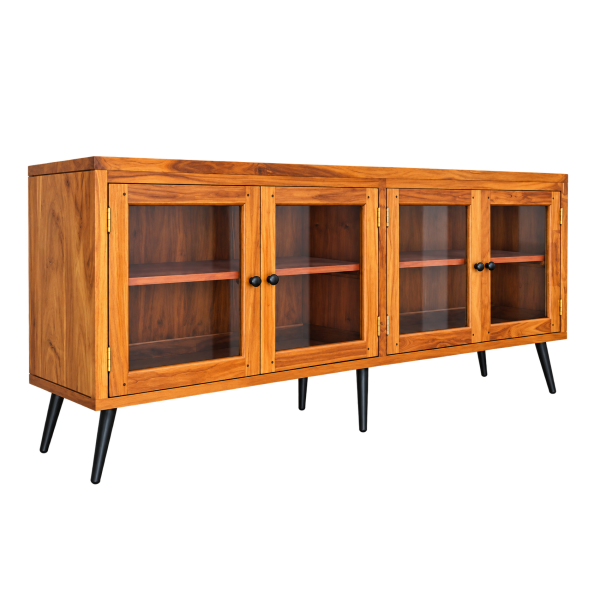 ngled view of teak sideboard with four glass doors, spacious interior shelves, and metal legs