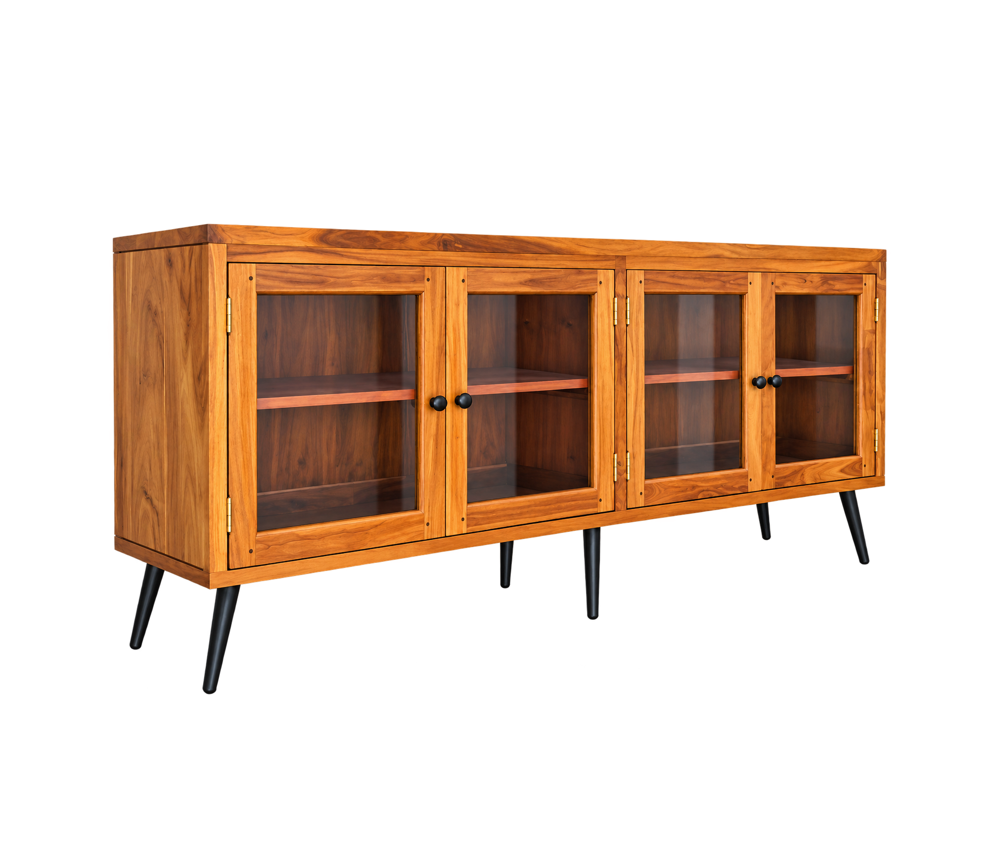 teak-sideboard-cabinet-malaysia ngled view of teak sideboard with four glass doors, spacious interior shelves, and metal legs