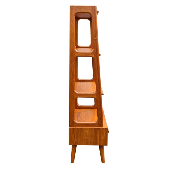 Teak bookshelf with open drawers and spacious storage shelves