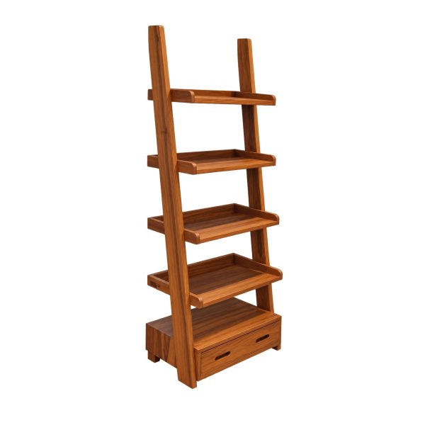 Tavren teak ladder bookshelf with drawer featuring open shelves and a warm natural wood appearance, angled front view.