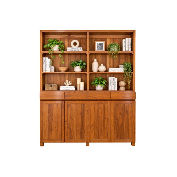 Large teak bookcase styled for an elegant Penang Malaysia interior