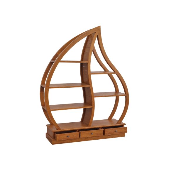 Leaf curved teakwood display rack showcasing its nature-inspired silhouette and warm natural wood grain.