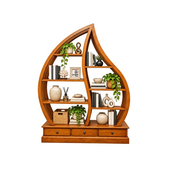 Leaf Teakwood Display Shelf styled with books, plants, ceramics, and decorative accessories.