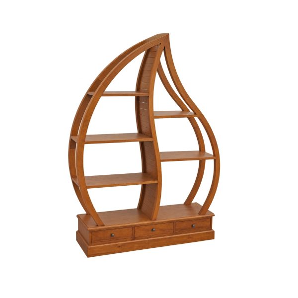 Leaf Teakwood Display Shelf featuring an organic leaf-shaped frame, asymmetrical wooden shelves, and three drawers.