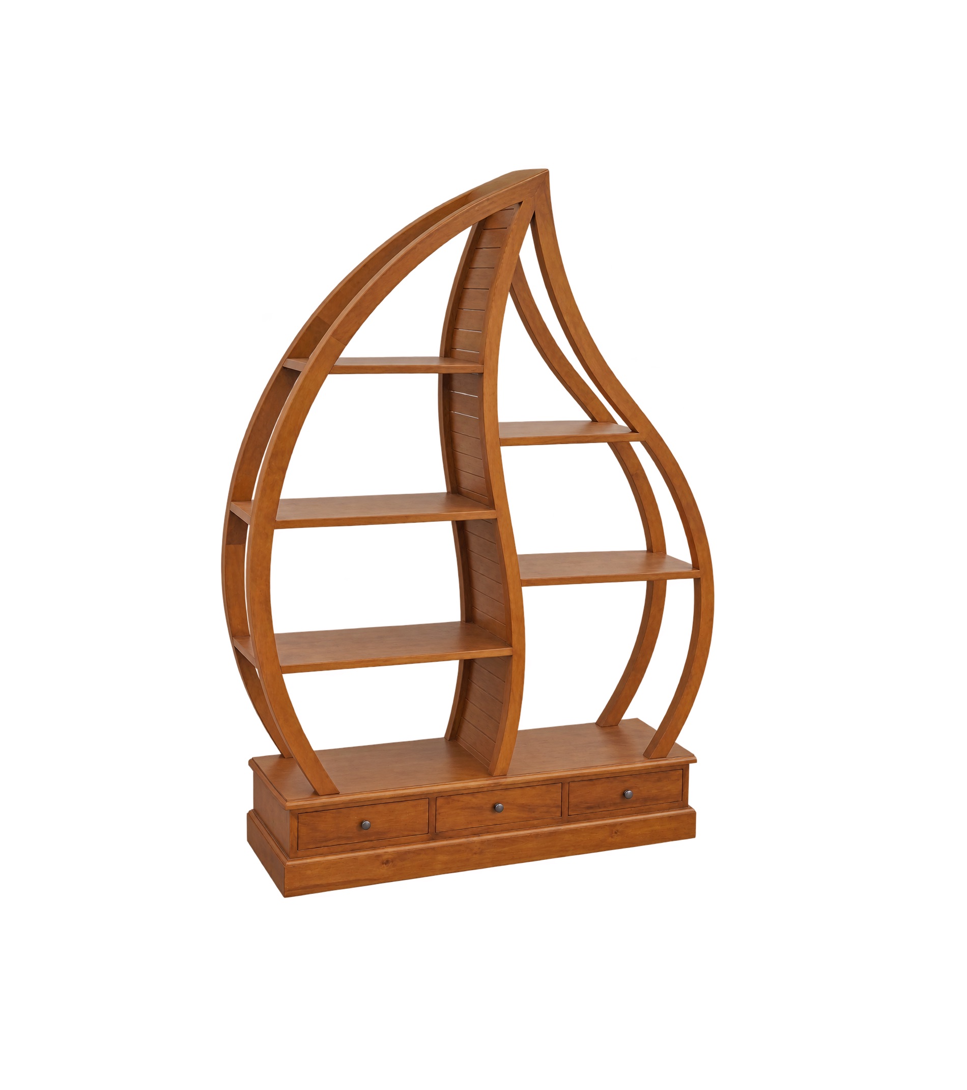 leaf-teakwood-display-shelf-malaysia Leaf Teakwood Display Shelf featuring an organic leaf-shaped frame, asymmetrical wooden shelves, and three drawers.