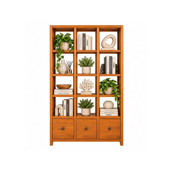 Luxury teak bookshelf room divider styled in a modern Malaysian interior