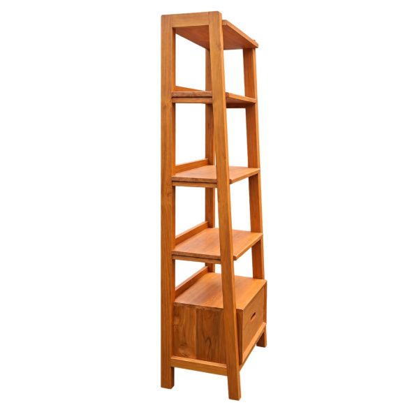 Side profile of the narrow Orvella teak bookshelf showing its slim frame and shelf depth.
