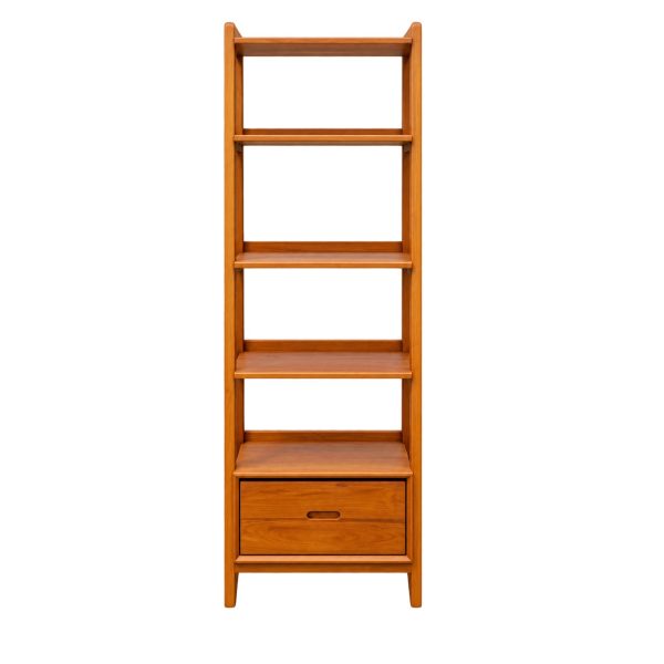 Narrow teakwood bookshelf with open shelves and an integrated lower drawer by Perfect Fusion.