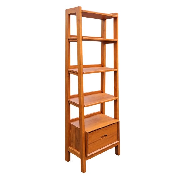 Narrow Orvella teak bookshelf with drawer featuring a slim wooden frame and five open levels, front view.
