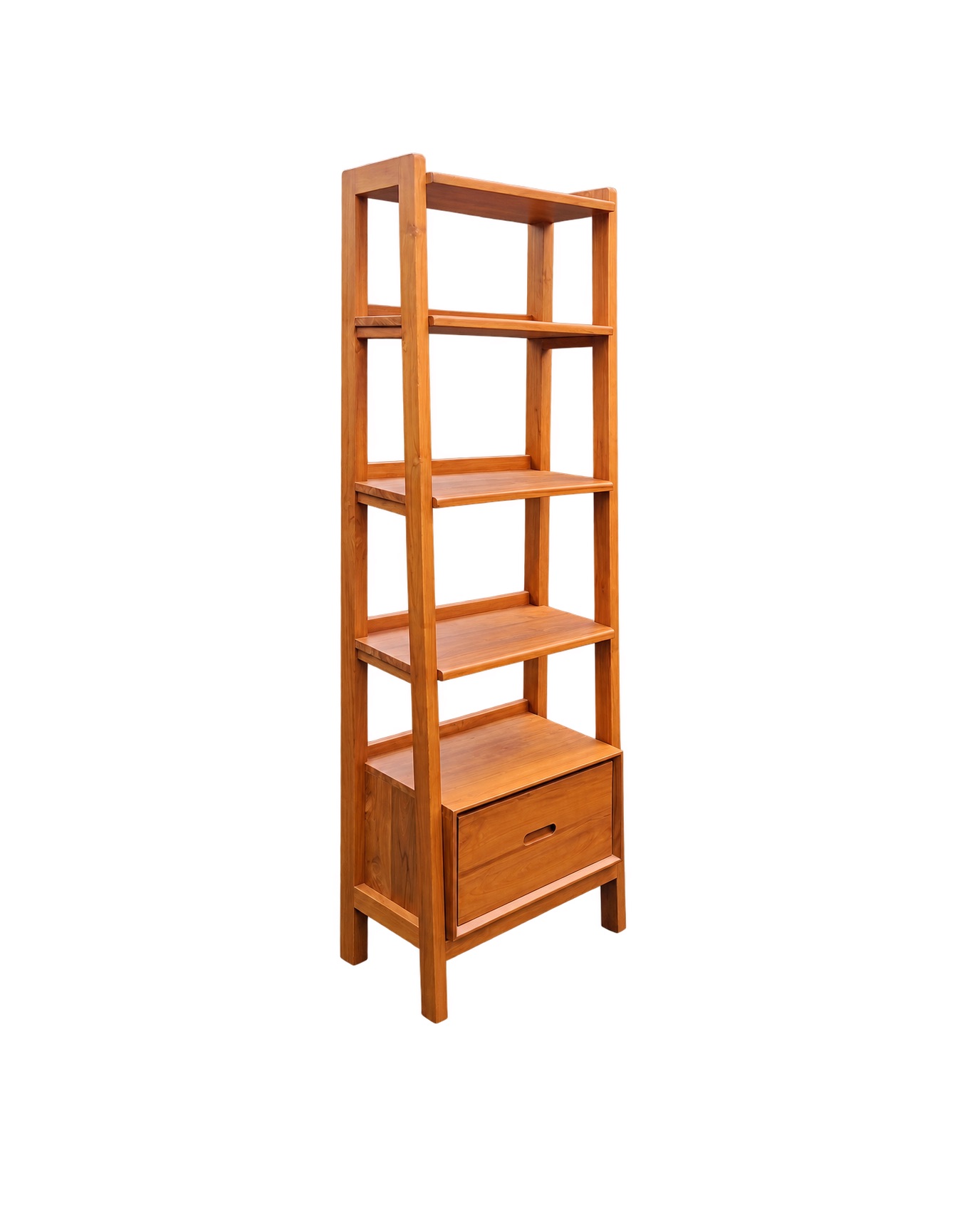 narrow-teak-bookshelf-drawer-selangor Narrow Orvella teak bookshelf with drawer featuring a slim wooden frame and five open levels, front view.