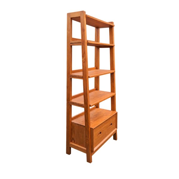 Orvella teak bookshelf viewed at an angle, showcasing its wooden frame, open shelves, and lower drawer.