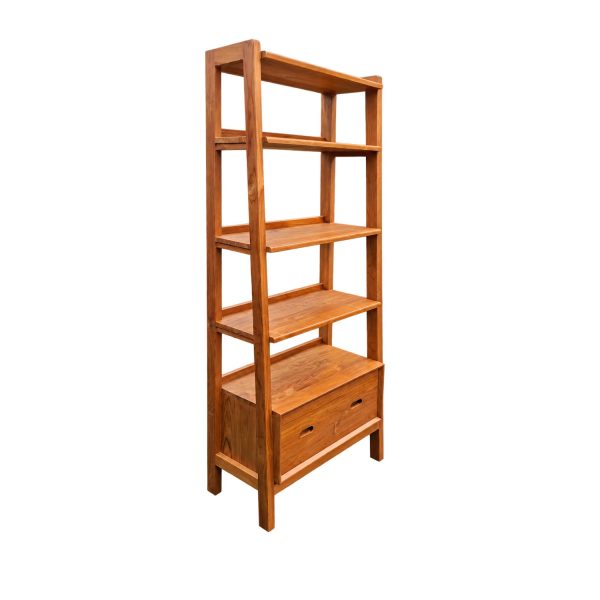 Side profile of the Orvella teak bookshelf showing its slim frame, shelf depth, and compact footprint.