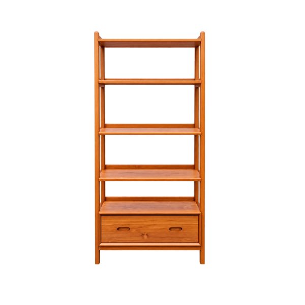 Orvella teak bookshelf with drawer featuring four open shelves and a warm natural wood finish, front view.