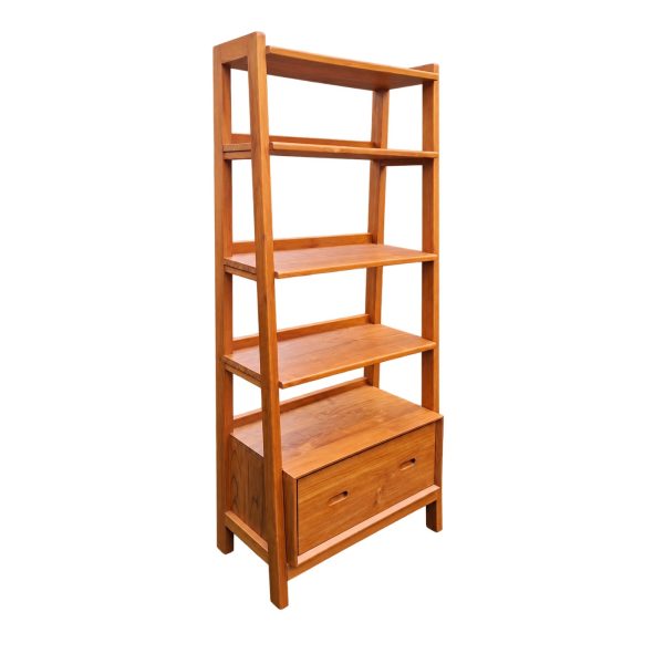 Orvella teak storage bookshelf with natural wood grain, multiple display shelves, and concealed lower storage.