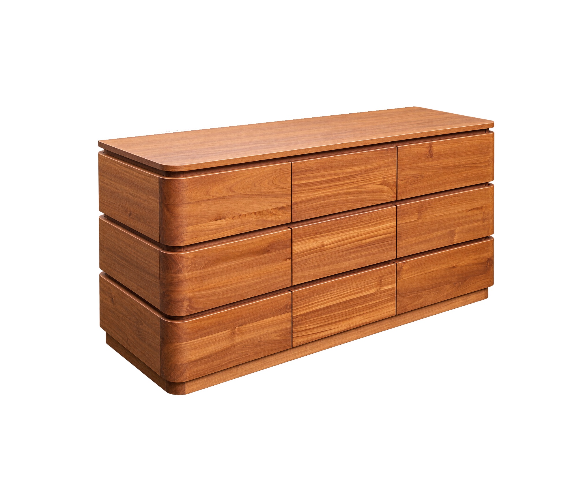 sora-rounded-teakwood-chest-of-drawers-selangor Sora teakwood chest of drawers featuring rounded edges, natural wood grain, and nine drawer fronts.