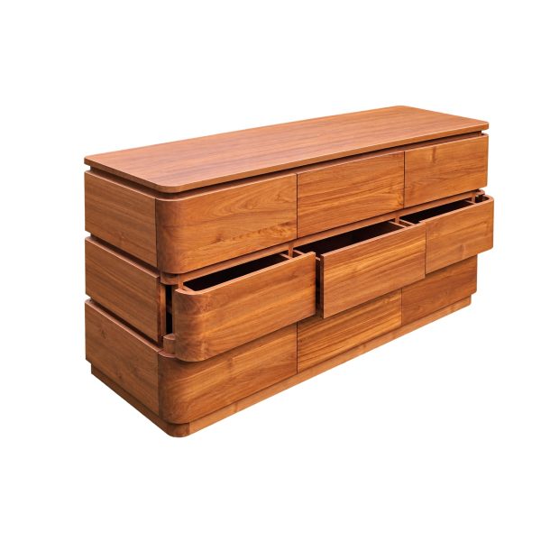 Sora teakwood chest of drawers with open drawers showing the storage compartments and natural wood finish.