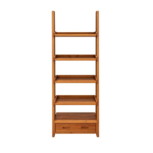 Tavren teak ladder bookshelf with drawer showing its open shelving arrangement and integrated lower drawer, front view.