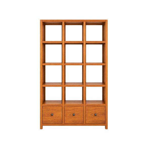 Teak bookshelf room divider Malaysia with open shelving and drawers