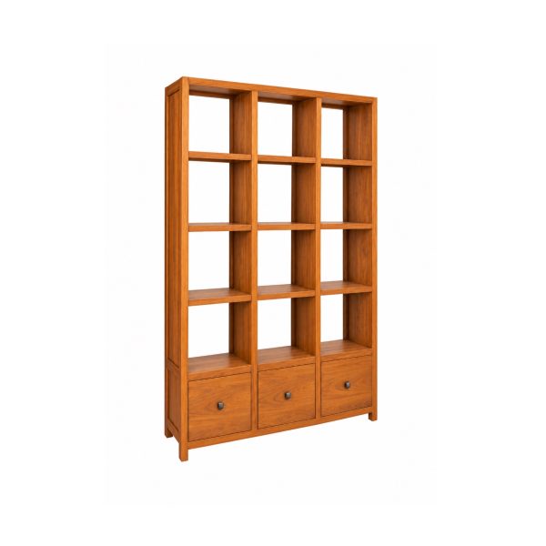 Teak room divider bookshelf with three open shelving bays